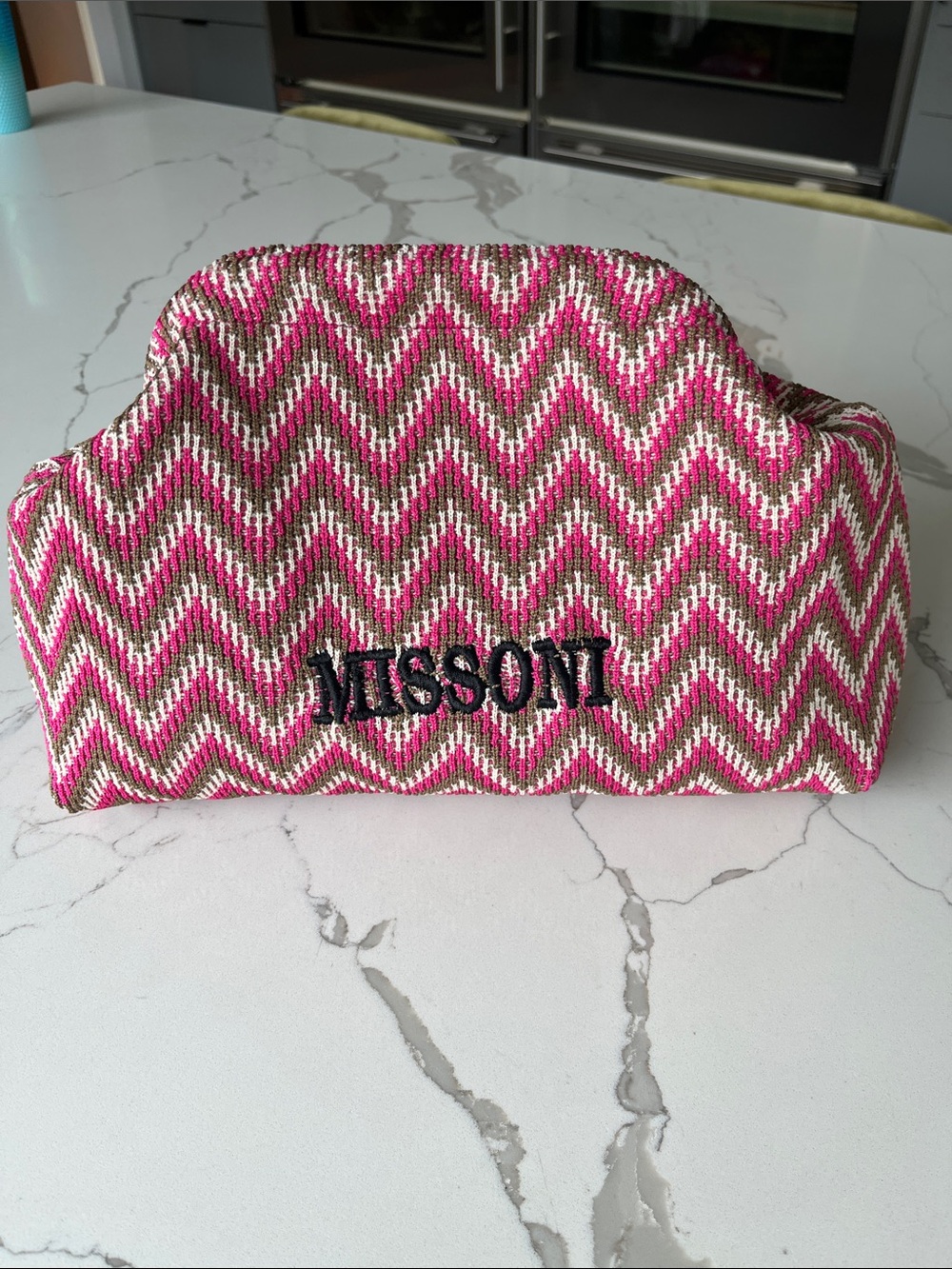 M  Pink Chevron Knit Cosmetic Pouch with Black Logo